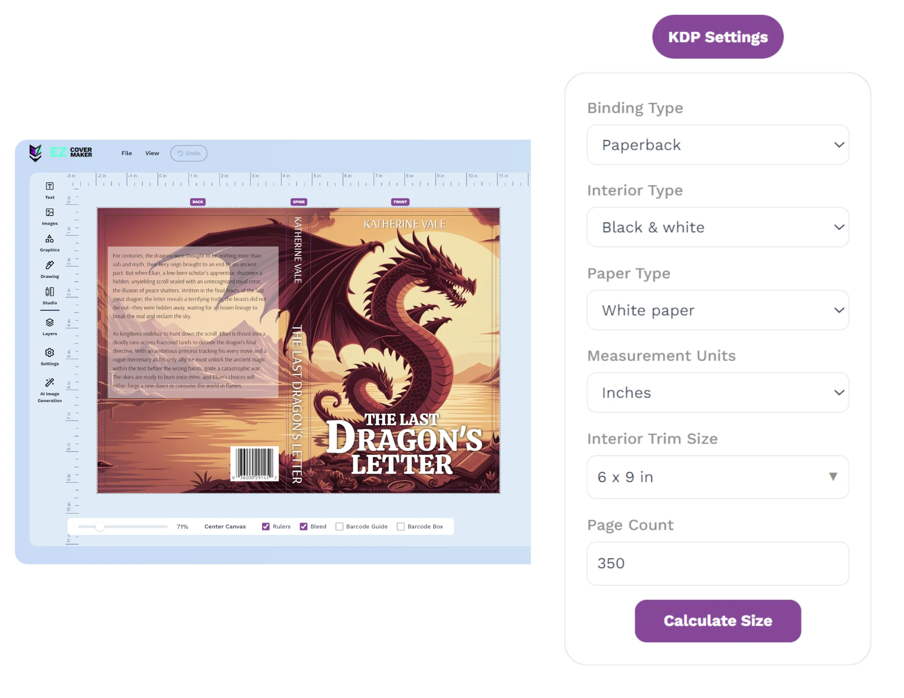 KDP settings panel with automatically calculated spine width on a full cover canvas