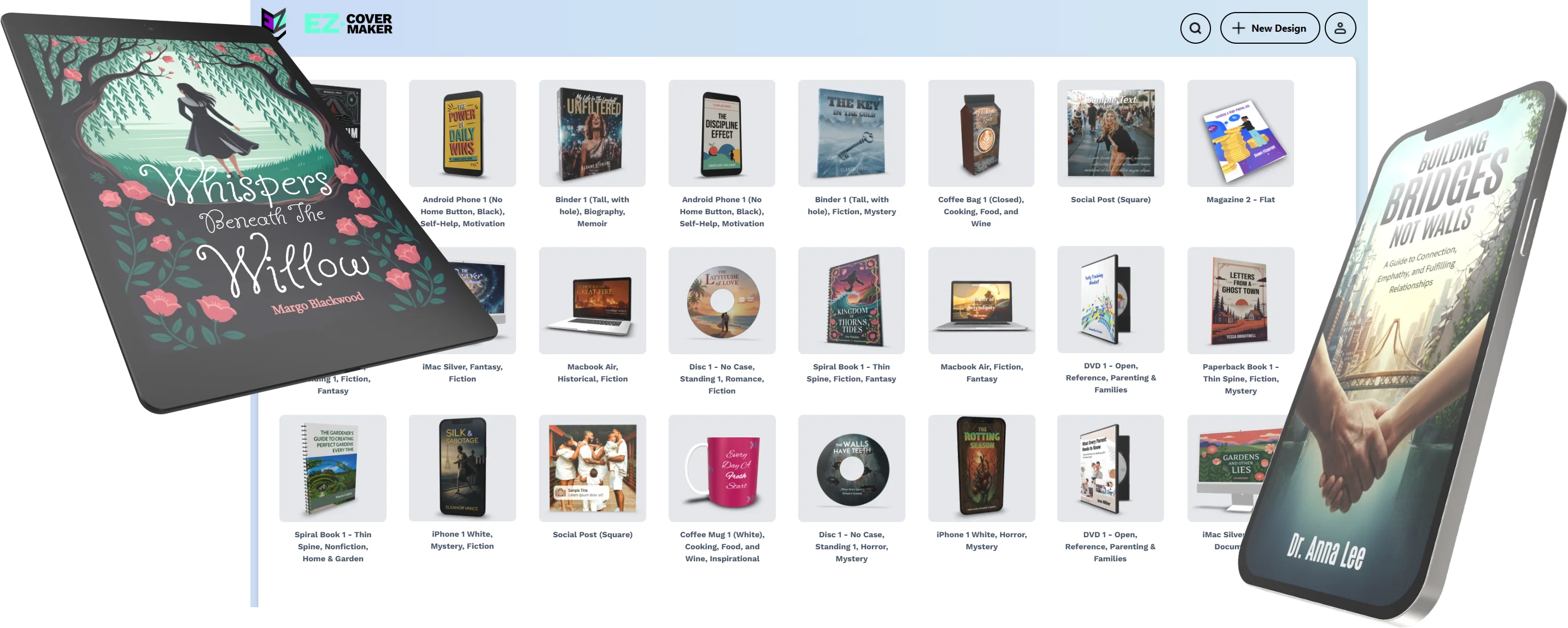 Grid of 3D mockup models: books, devices, boxes, mugs and more