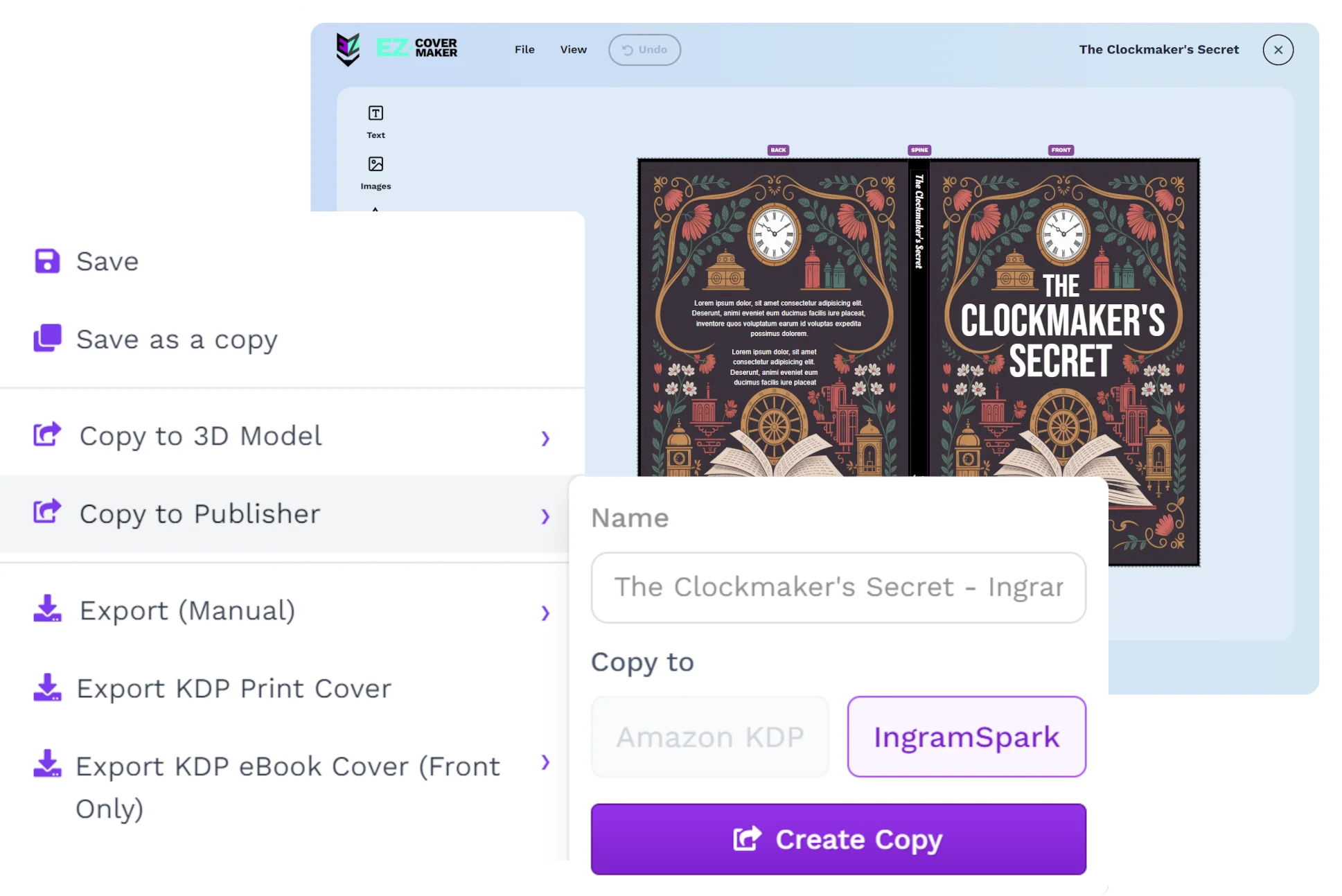 Copy to Publisher menu converting a KDP cover into an IngramSpark edition