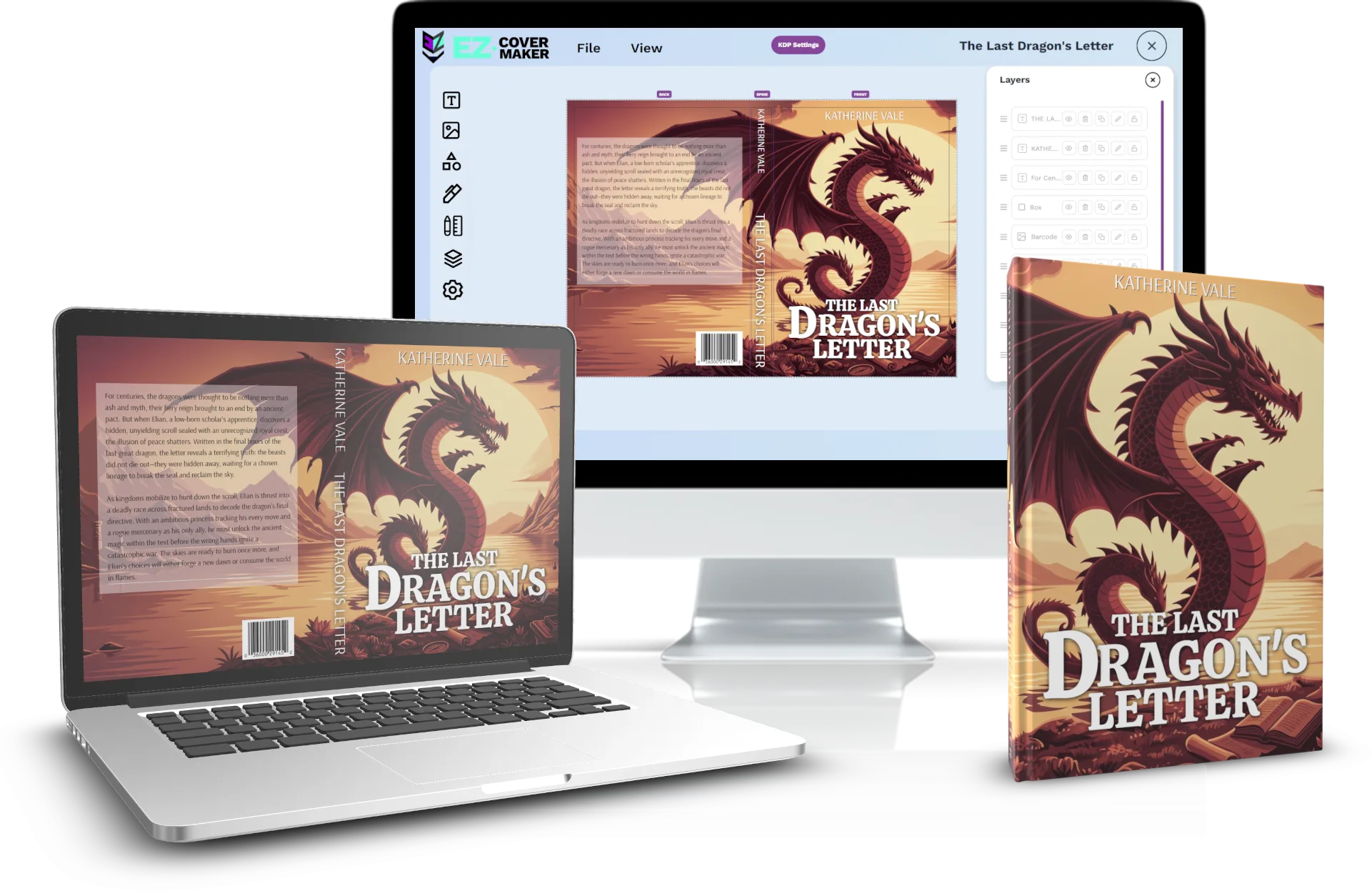 EZ Cover Maker on desktop and laptop with a finished cover and 3D hardcover