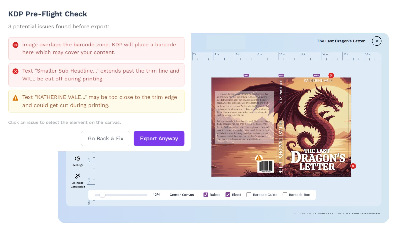 Preflight check modal listing three issues with the flagged elements highlighted on the cover